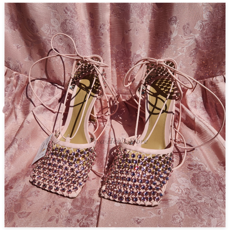 Women'S Accessories Trends 2025 - Square Toe Mesh Dimaond Lace up